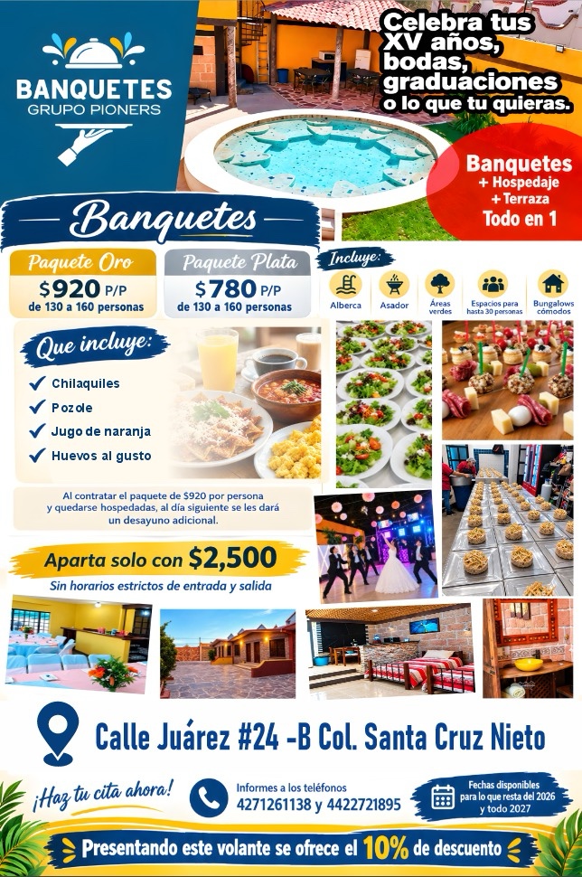 Información de Banquetes Gourmet Pioner's sobre eventos, paquetes y hospedaje